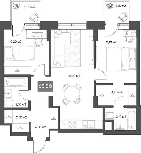 Планировка 2-к. квартира 62.70 м² в ЖК «ЩА»