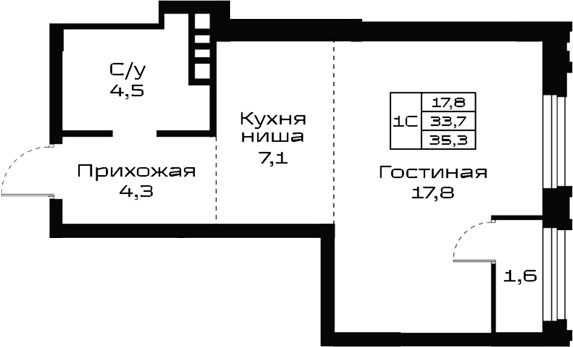 Планировка студии 33.70 м² в ЖК «Урбан-виллы Майков»