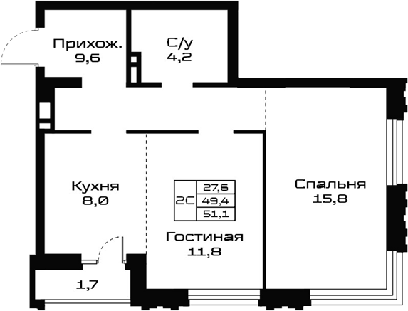 Планировка 2е-к.кв 49.40 м² в ЖК «Урбан-виллы Майков»