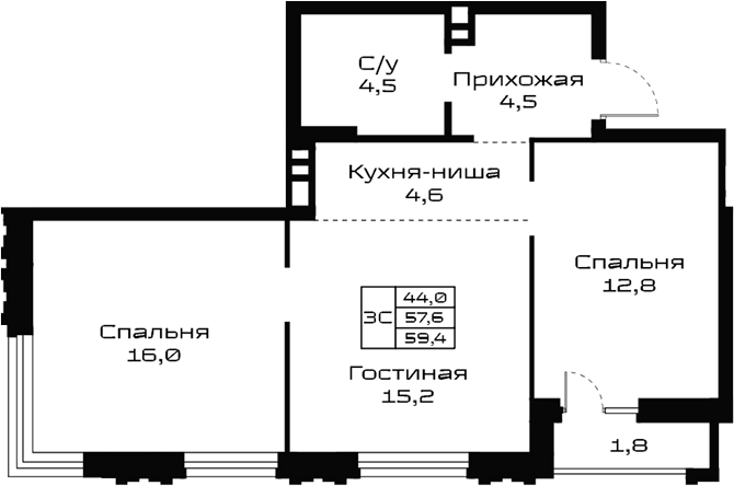 Планировка 3е-к.кв 57.60 м² в ЖК «Урбан-виллы Майков»