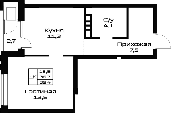 Планировка 1-к.кв 36.70 м² в ЖК «Урбан-виллы Майков»