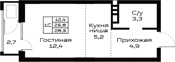 Планировка студии 25.80 м² в ЖК «Урбан-виллы Майков»