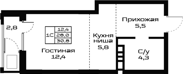 Планировка студии 28.00 м² в ЖК «Урбан-виллы Майков»
