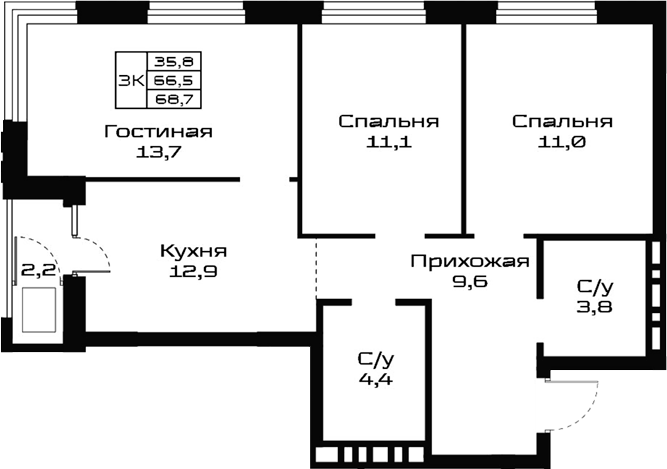 Планировка 3-к.кв 66.50 м² в ЖК «Урбан-виллы Майков»