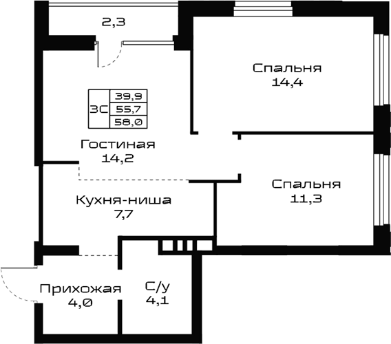 Планировка 3е-к.кв 55.70 м² в ЖК «Урбан-виллы Майков»