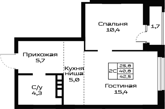 Планировка 2е-к.кв 40.80 м² в ЖК «Урбан-виллы Майков»