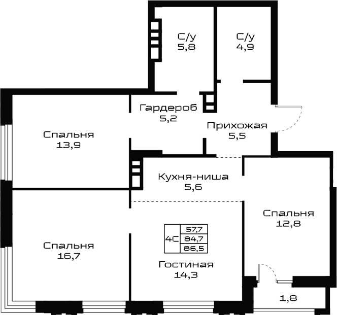 Планировка 4е-к.кв 84.70 м² в ЖК «Урбан-виллы Майков»