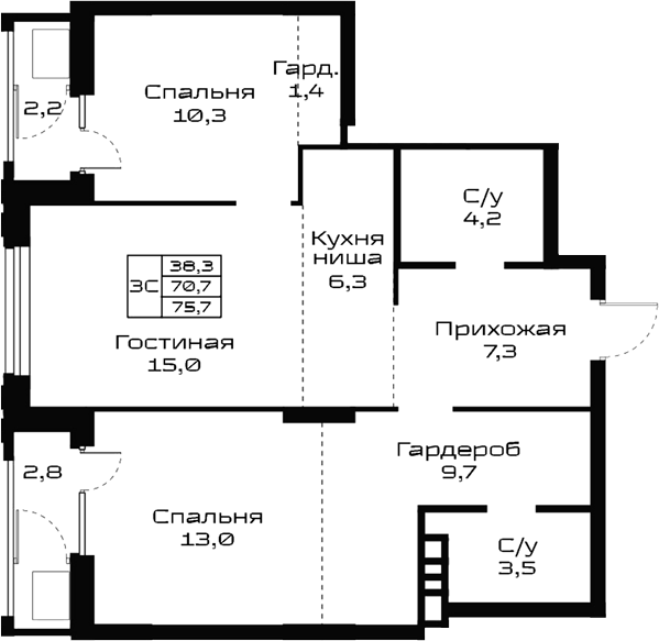 Планировка 3е-к.кв 70.70 м² в ЖК «Урбан-виллы Майков»