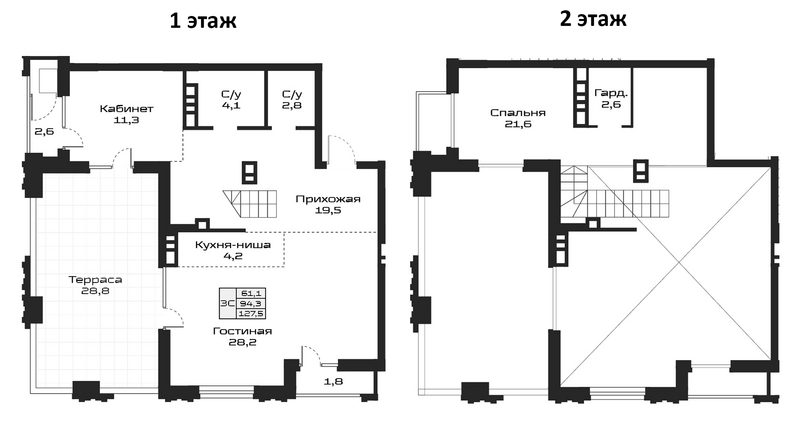 Планировка 3е-к.кв 94.30 м² в ЖК «Урбан-виллы Майков»
