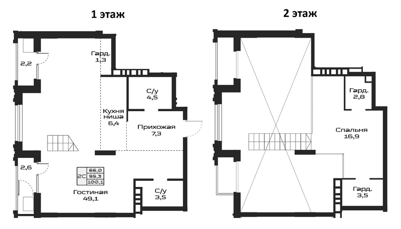 Планировка 2е-к.кв 95.30 м² в ЖК «Урбан-виллы Майков»