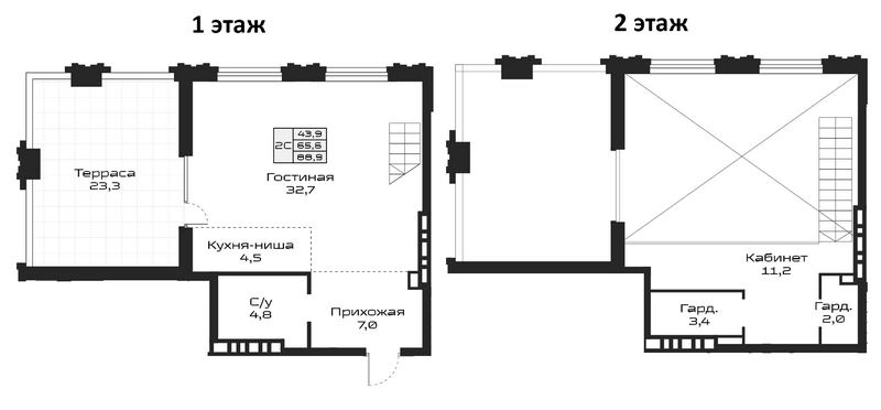 Планировка 2е-к.кв 65.60 м² в ЖК «Урбан-виллы Майков»
