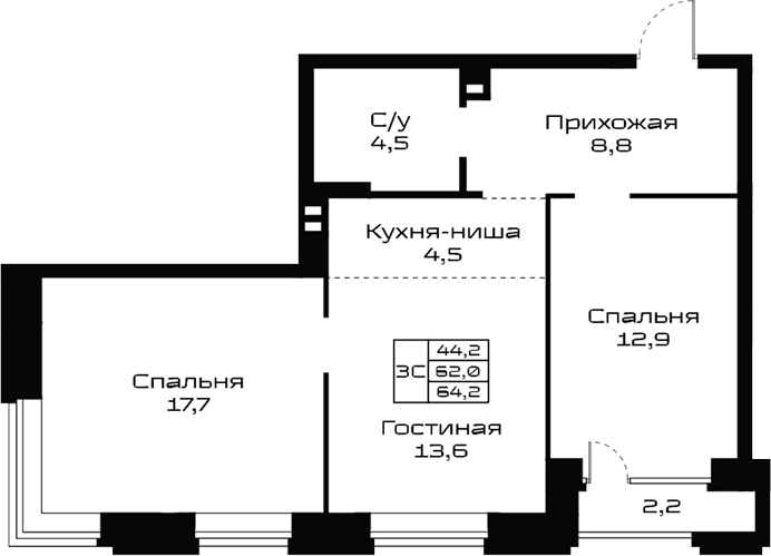 Планировка 3е-к.кв 62.00 м² в ЖК «Урбан-виллы Майков»