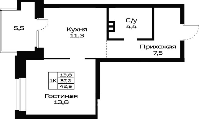 Планировка 1-к.кв 37.00 м² в ЖК «Урбан-виллы Майков»