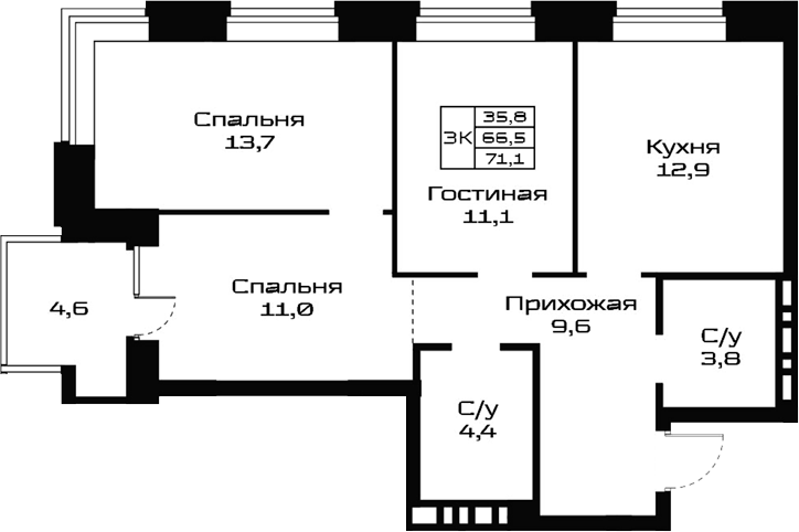 Планировка 3-к.кв 66.50 м² в ЖК «Урбан-виллы Майков»