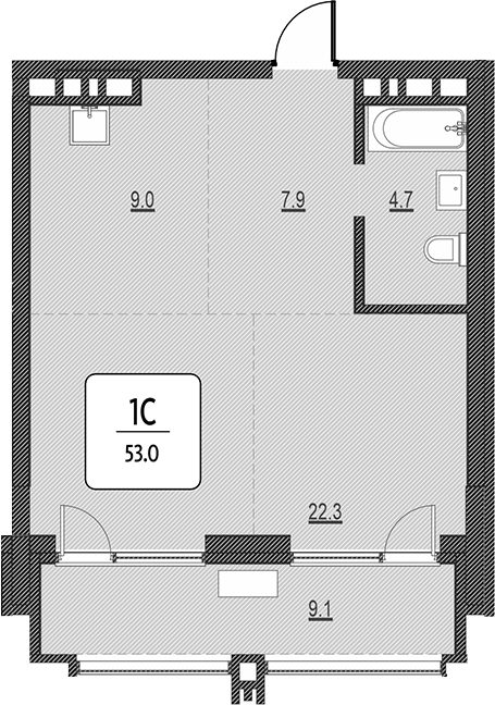 Планировка своб. план. 43.90 м² в ЖК «Первый»