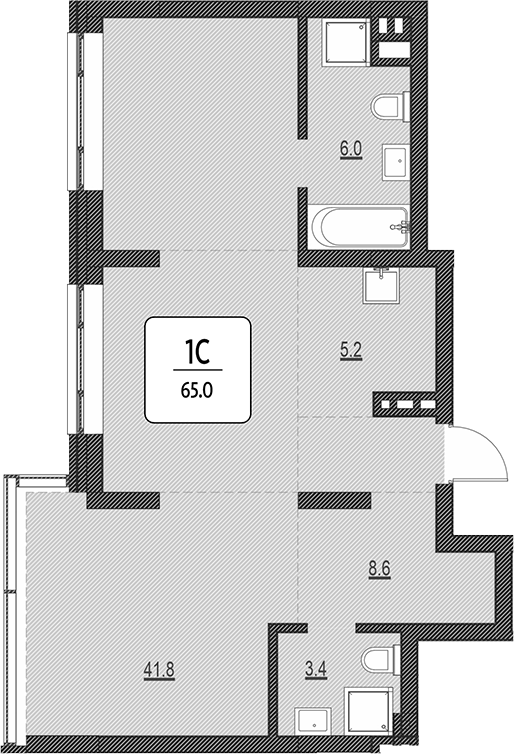 Планировка своб. план. 65.00 м² в ЖК «Первый»