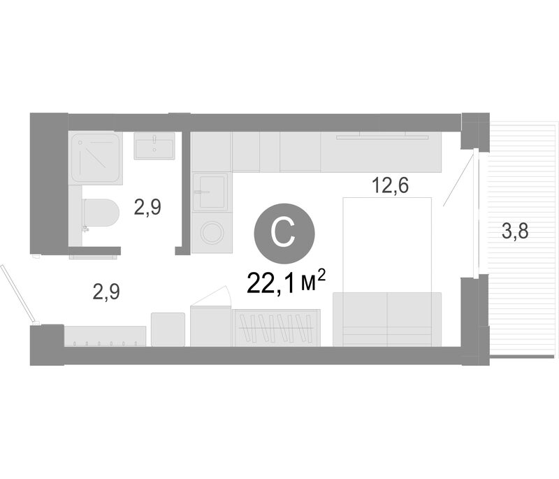 Планировка студии 20.96 м² в ЖК «Молодость»