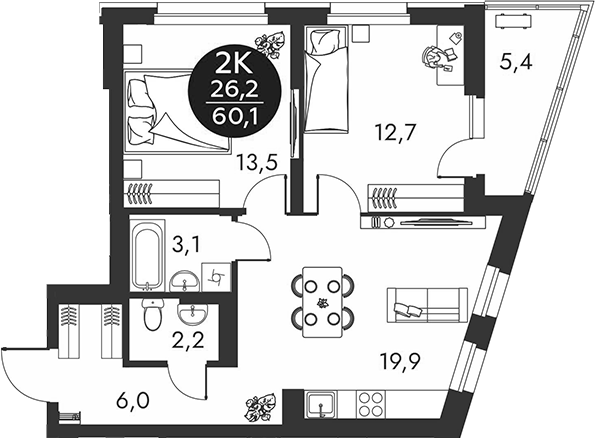 Планировка 2-к.кв 57.40 м² в ЖК «Скандинавские кварталы»