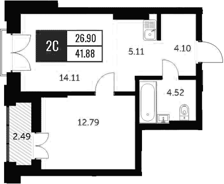 Планировка 2е-к.кв 40.35 м² в ЖК «Академия»