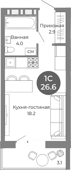 Планировка студии 25.10 м² в ЖК «Квартал на Российской»