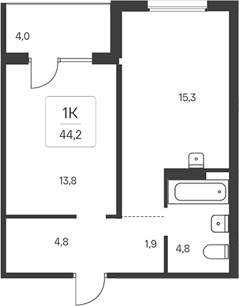 Планировка 1-к.кв 42.20 м² в ЖК «Эко-квартал на Кедровой»