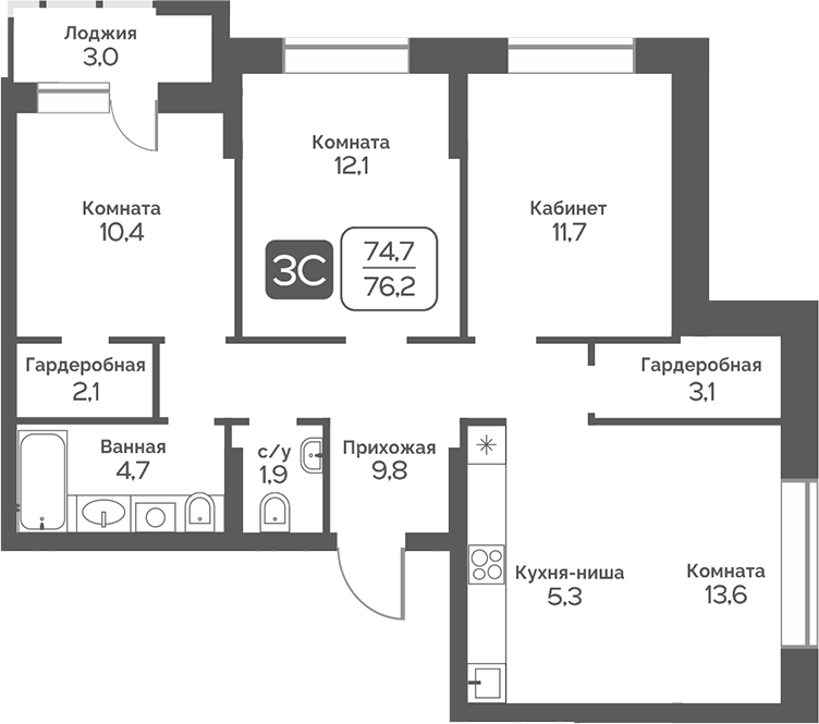 Планировка 4е-к.кв 74.70 м² в ЖК «Сердце Бердска»