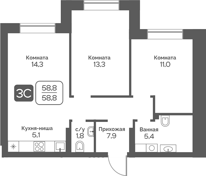 Планировка 3е-к.кв 58.80 м² в ЖК «Сердце Бердска»