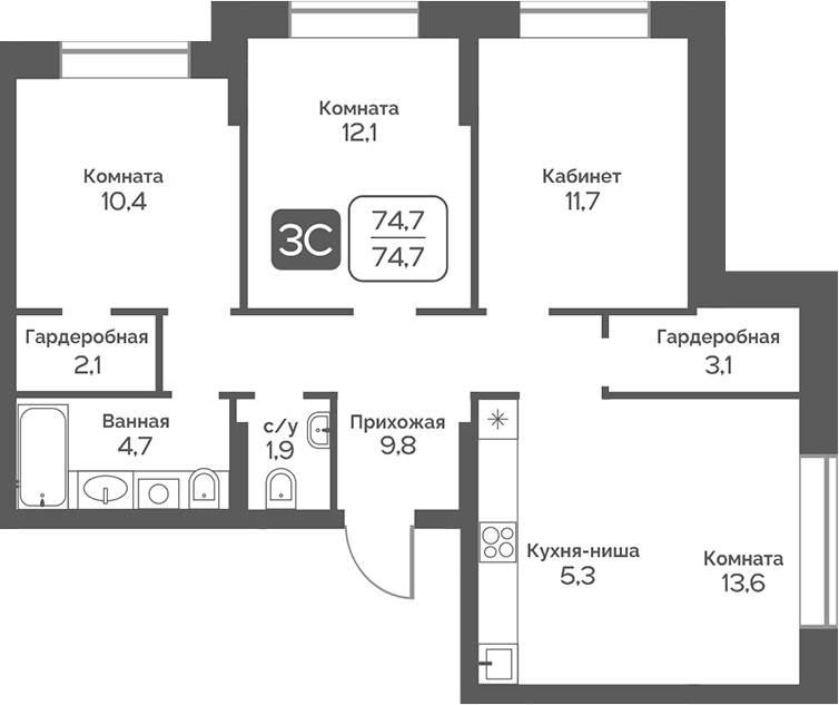 Планировка 4е-к.кв 74.70 м² в ЖК «Сердце Бердска»