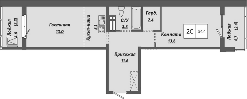 Планировка 2е-к.кв 49.70 м² в ЖК «Ежевика»