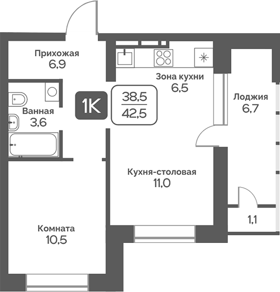 Планировка 1-к.кв 38.60 м² в ЖК «Сердце Бердска»