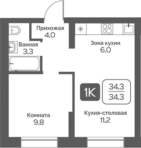 Планировка 1-к.кв 34.30 м² в ЖК «Сердце Бердска»