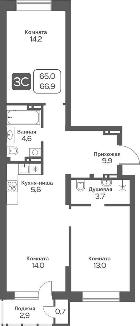 Планировка 3е-к.кв 65.10 м² в ЖК «Сердце Бердска»