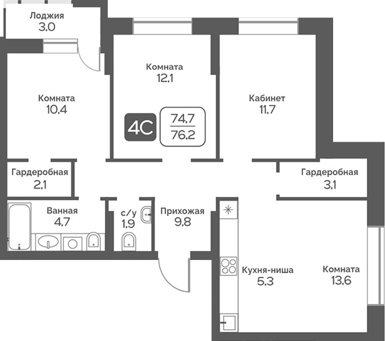 Планировка 4е-к.кв 74.70 м² в ЖК «Сердце Бердска»