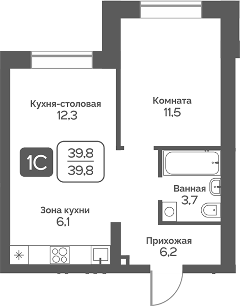 Планировка 2е-к.кв 39.80 м² в ЖК «Сердце Бердска»