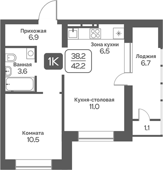 Планировка 1-к.кв 38.30 м² в ЖК «Сердце Бердска»