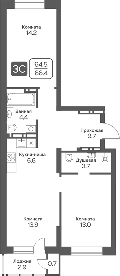 Планировка 3е-к.кв 64.60 м² в ЖК «Сердце Бердска»