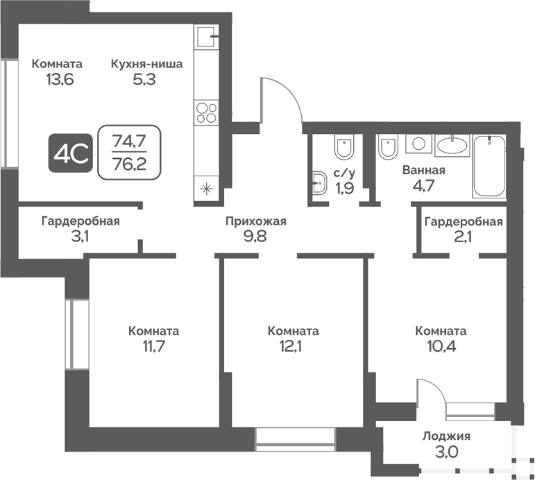 Планировка 4е-к.кв 74.70 м² в ЖК «Сердце Бердска»