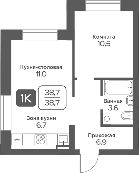 Планировка 1-к.кв 38.70 м² в ЖК «Сердце Бердска»