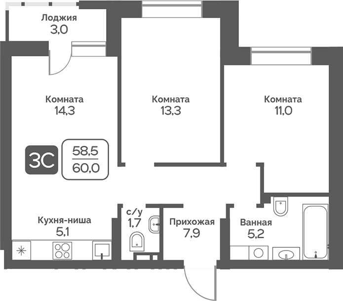 Планировка 3е-к.кв 58.50 м² в ЖК «Сердце Бердска»