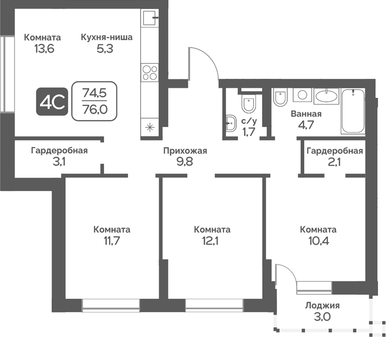 Планировка 4е-к.кв 74.50 м² в ЖК «Сердце Бердска»
