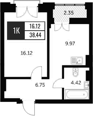 Планировка 1-к.кв 36.92 м² в ЖК «Академия»