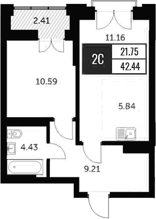 Планировка 2е-к.кв 40.99 м² в ЖК «Академия»