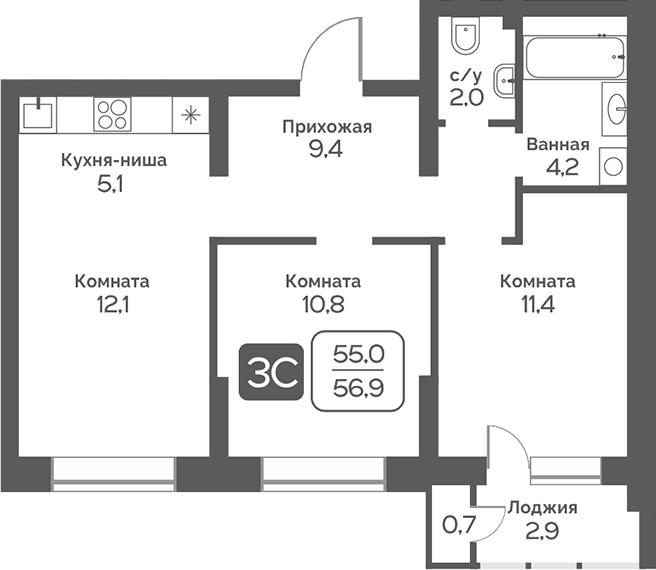 Планировка 3е-к.кв 55.10 м² в ЖК «Сердце Бердска»