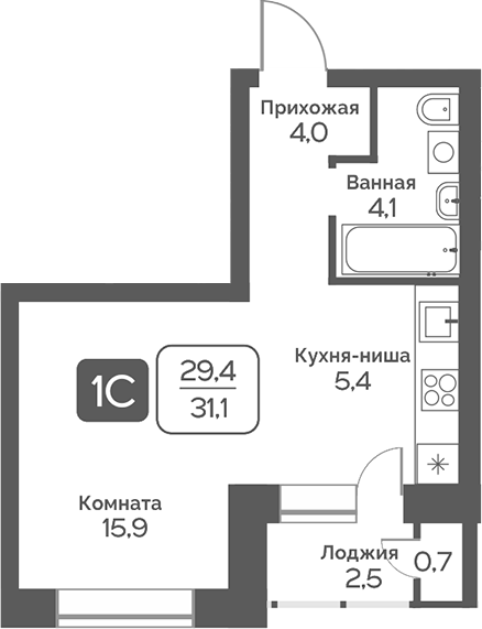Планировка студии 29.50 м² в ЖК «Сердце Бердска»