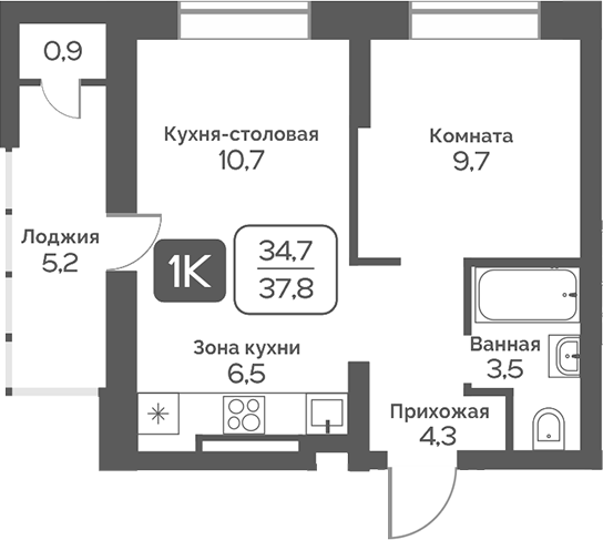 Планировка 1-к.кв 34.75 м² в ЖК «Сердце Бердска»