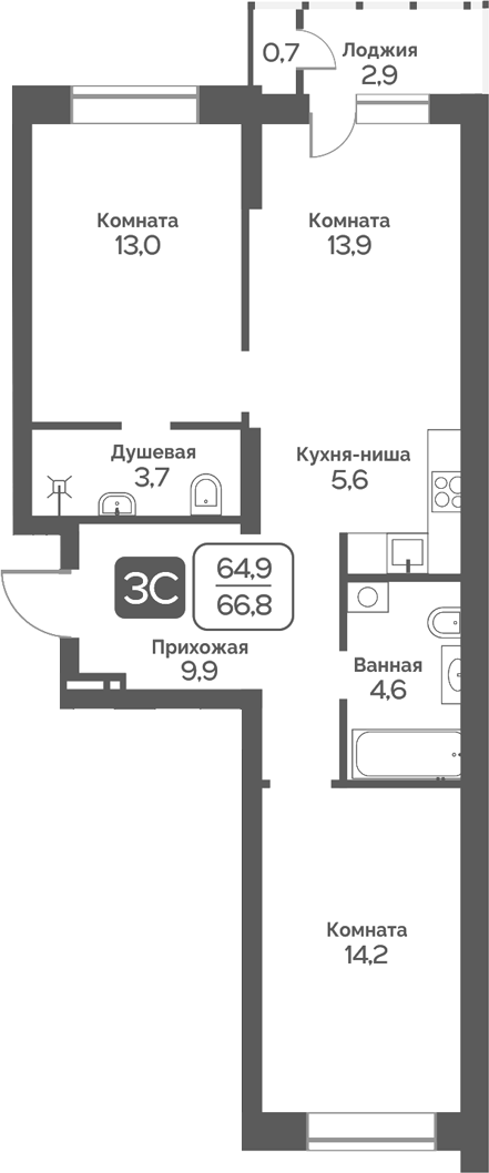 Планировка 3е-к. квартира 64.90 м² в ЖК «Сердце Бердска»