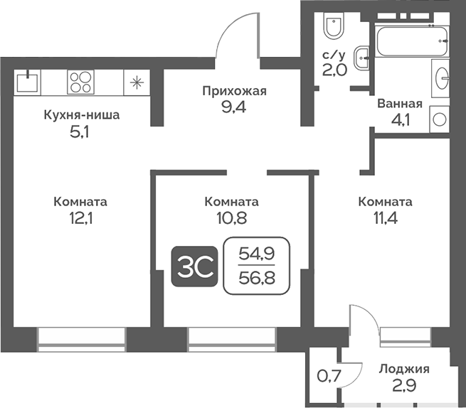 Планировка 3е-к. квартира 55.00 м² в ЖК «Сердце Бердска»