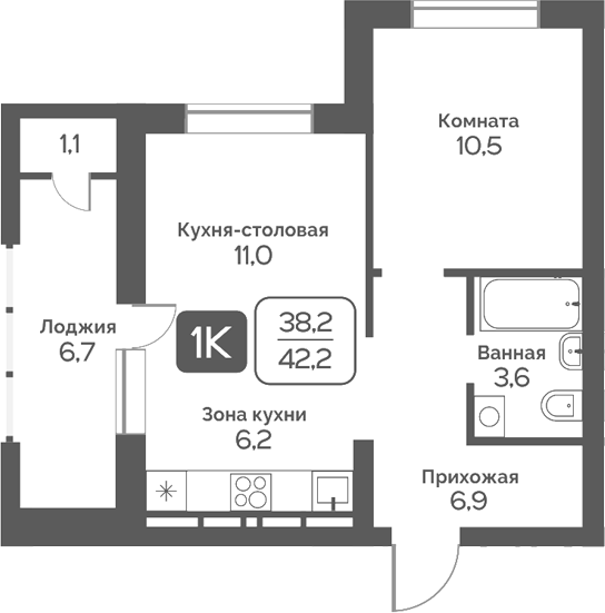 Планировка 1-к.кв 38.20 м² в ЖК «Сердце Бердска»