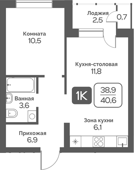 Планировка 1-к.кв 38.90 м² в ЖК «Сердце Бердска»