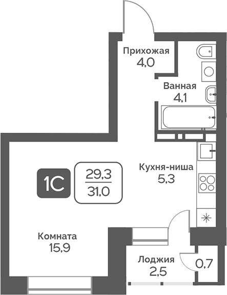 Планировка студии 29.40 м² в ЖК «Сердце Бердска»